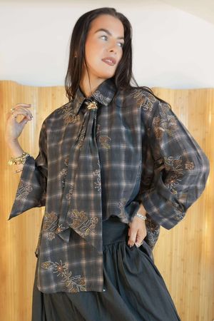 Zeta Otto Plaid Botanical Neck Tie Blouse Charcoal /12=